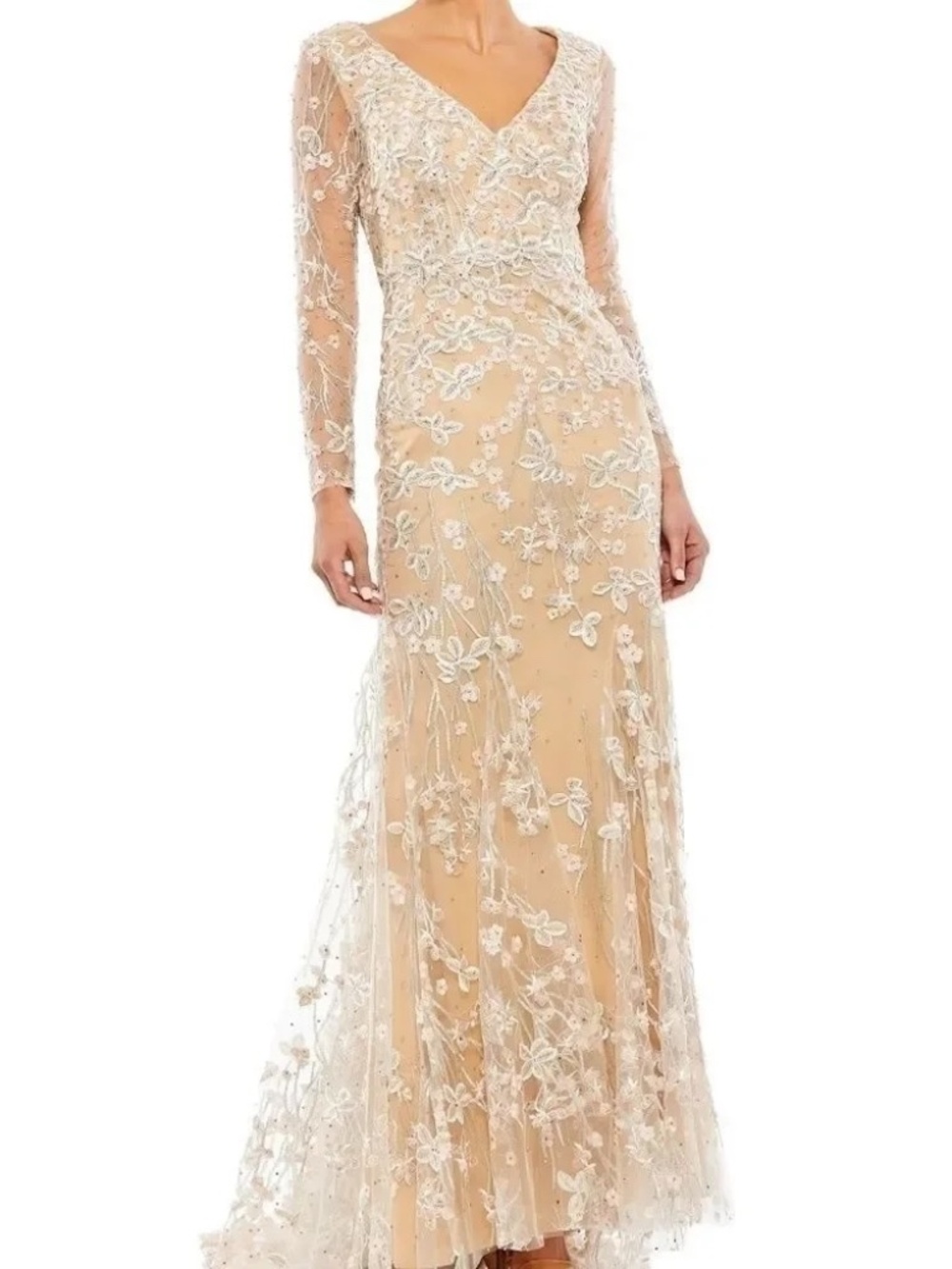 Mac Duggal Floral V Neck Long Sleeve Trumpet Gown 10 NEW Ivory Nude